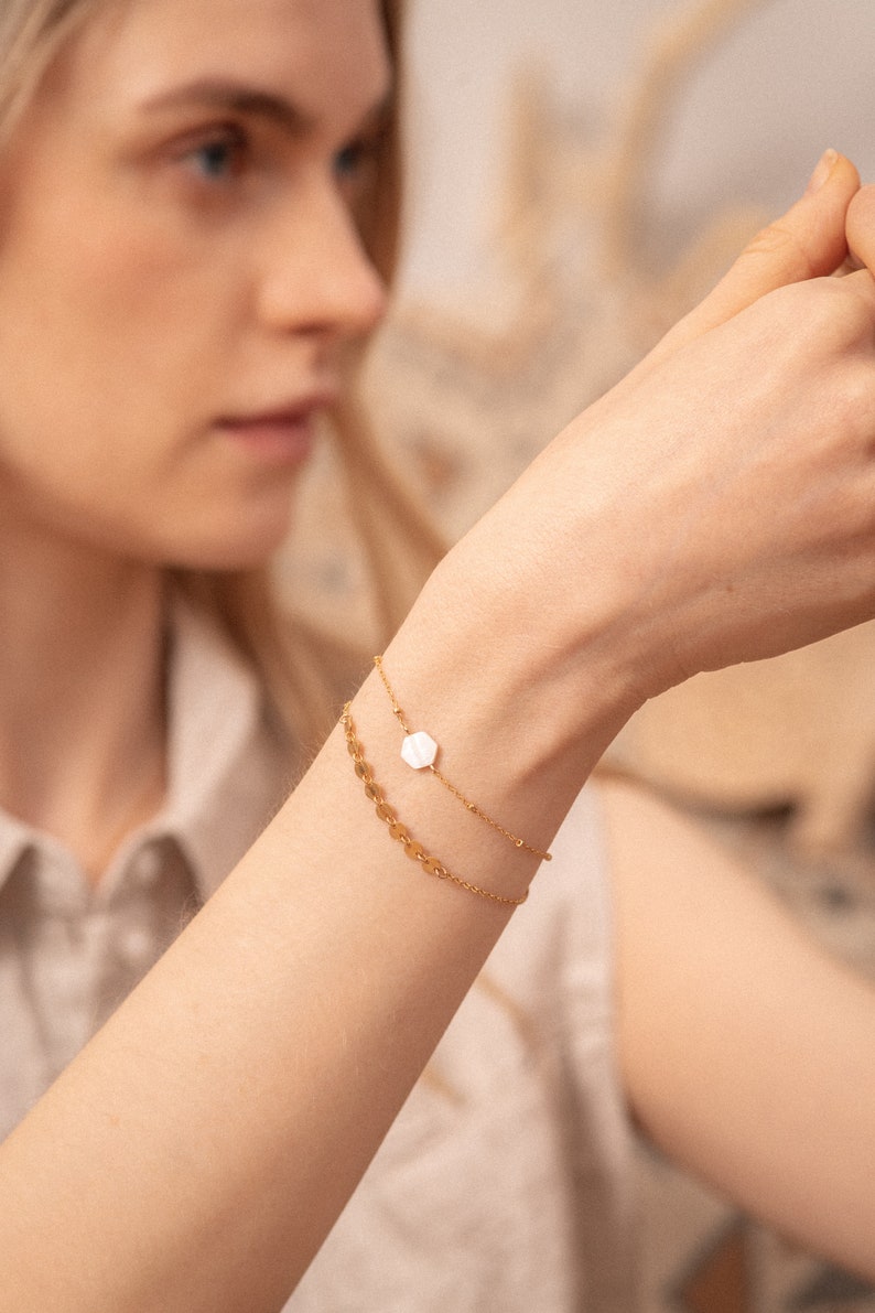 TAHITI Bracelet in 14k Gold-Filled with hexagonal white mother-of-pearl, elegant nacre Gold-Filled wedding bracelet image 6