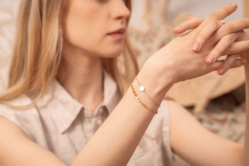 TAHITI Bracelet in 14k Gold-Filled with hexagonal white mother-of-pearl, elegant nacre Gold-Filled wedding bracelet image 7