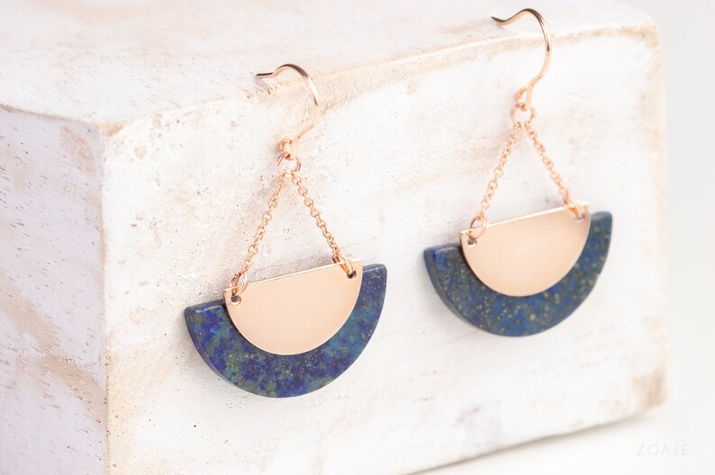 Natural Lapis Lazuli RUSSIA Earrings in natural Lapis Lazuli and 14k Rose gold filled Half moon earrings