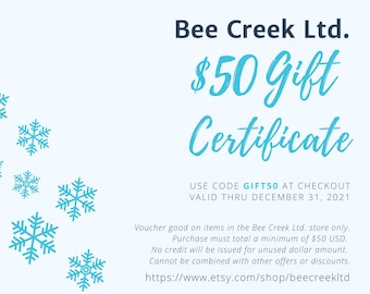 50 USD Gift Certificate for Bee Creek Ltd. shop, Gift certificate, Electronic gift card, Electronic gift certificate, Holiday Gift