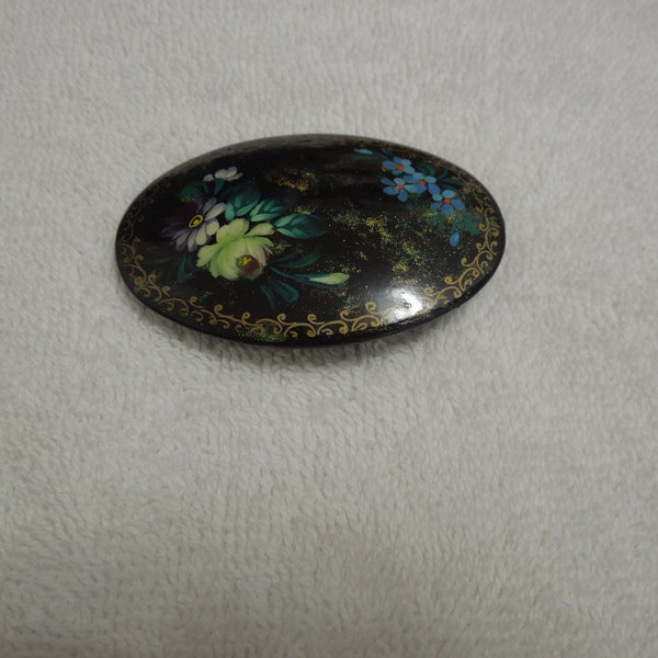 VINTAGE Lacquer Russian Brooch Hand Painted Signed at the back.