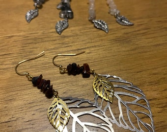 Leaf, and Stone, Dangle, Earrings, with Sunstone, Moonstone, Tourmalated Quartz and Tiger Iron