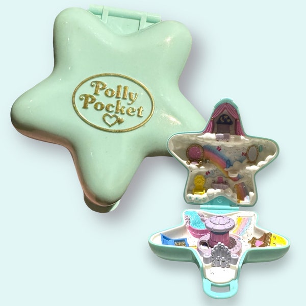 Vintage 1992 Polly Pocket Teal Star Compact Fairy Wishing Well Blue Bird Toys