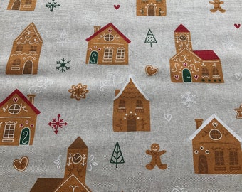 Tissu de coton « Christmas » tissu de Noël imprimé avec du pain d’épice, des maisons, des sapins, des étoiles