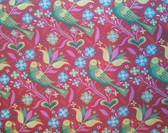 Cotton fabric "country bird" red, green, white