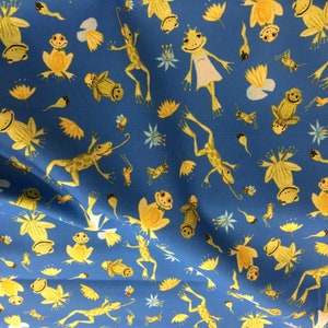 Tissu de coton grenouilles jaune bleu image 1