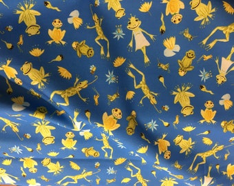 Tissu de coton "grenouilles" jaune bleu