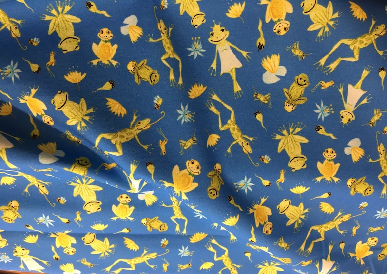 Tissu de coton grenouilles jaune bleu image 1