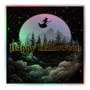 Sticker Halloween holographique, sticker Happy Halloween, carré, sticker Halloween avec lune et sorcière, beau sticker Happy Halloween