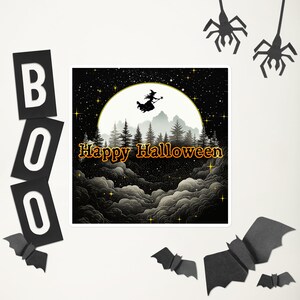 Autocollant Happy Halloween, carré, autocollant Halloween avec lune et sorcière, bel autocollant Happy Halloween, autocollant Happy Halloween avec étoile
