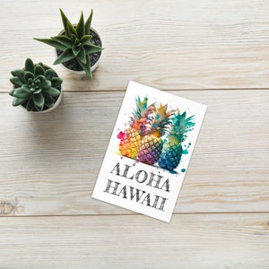Aloha Hawaii card with colorful watercolored pineapples, blank card with Aloha Hawaii, pineapple greeting card, watercolor greeting card