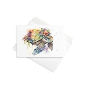 Carte de tortue de mer hawaïenne, tortue de mer aquarelle avec des fleurs, carte vierge de tortue de mer, carte de tortue tropicale, carte vierge, tortue avec des fleurs