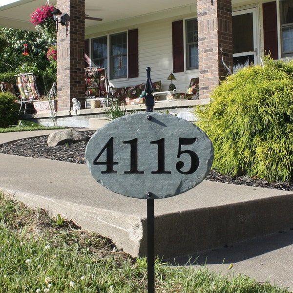 Oval Carved Slate House Number Sign- Post and Light