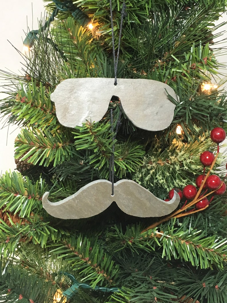 Glasses and Mustache Set Black Slate Christmas Ornament-Personalized with Laser Engraving