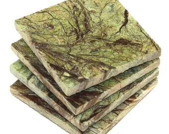 Square Rainforest Green Marble Stone Coasters- Personalized with Laser Engraving