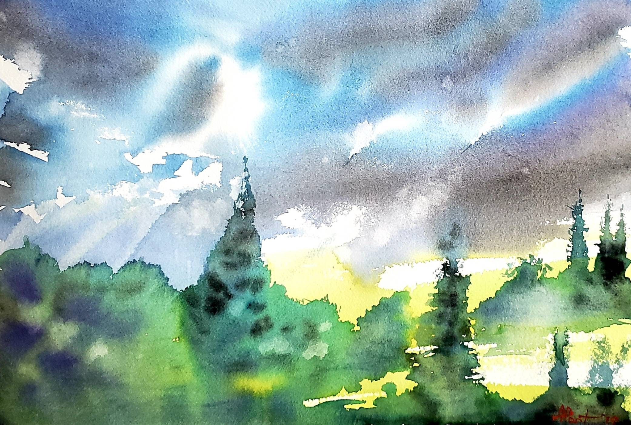 Original Forest Watercolor Painting: Mountain Landscape Art