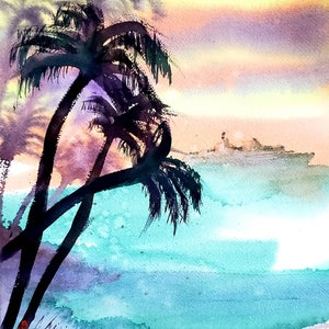 Original Tropical Ocean Watercolor Painting: Palm Tree Beach Art (12x16 in)