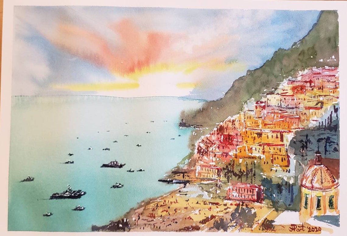Italian Amalfi Sea Coast Original Watercolor Painting Gift Etsy