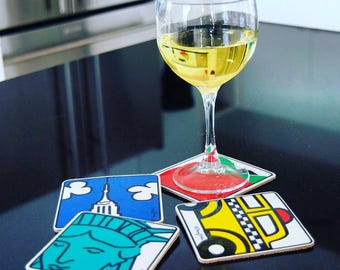 New York Coaster Set of Four New York Cork 3.5" Drink Barware NYC Souvenir Coasters Art by Mary Ellis