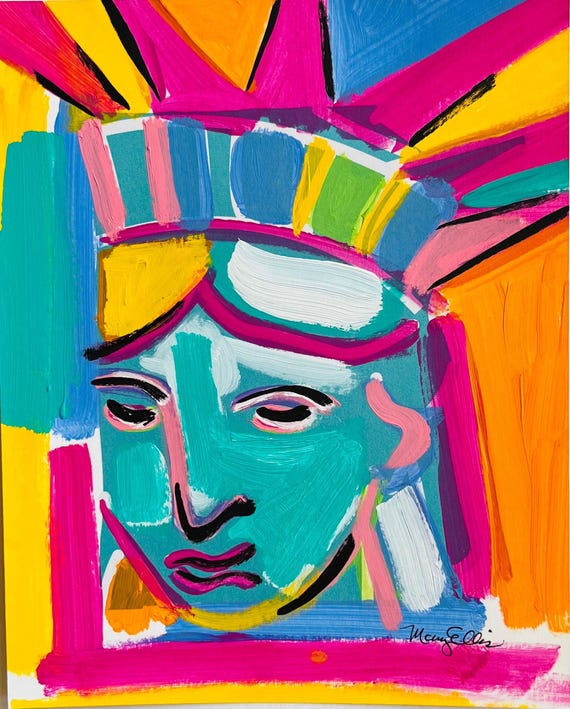 Hand Painted Abstract New York City Statue of Liberty Original