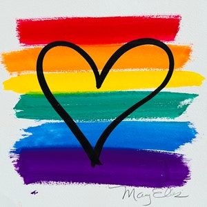 Hand Painted Rainbow LGBTQ+ Gay Pride Heart Original Painting by Mary Ellis 8 x 10 Acrylic on Heavyweight Paper