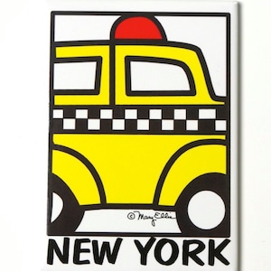 May include: Yellow cartoon taxi cab with a red light on top and a black and white checkered stripe. The words "NEW YORK" are printed below the cab.