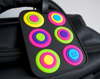 Luggage Tag Colorful Circles Black My Bag Unique Fun Luggage Tag Bright Heavy Duty Hidden ID Large Travel Tag 3.25" x 4"