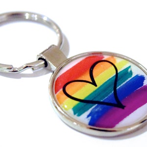 Rainbow Pride Flag Heart Keychain Metal  Key Chain 1.25x2.25&quot; dome Key ring LGBT steel backing Art by Mary Ellis