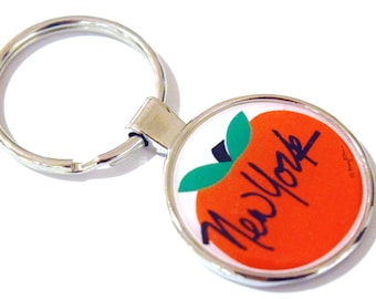 New York Keychain Metal New York Big Apple Souvenir Gift Key Ring Steel Backing Art by Mary Ellis