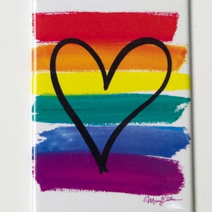 May include: A rainbow-colored heart painted on a white background. The heart is black and outlined in black. The rainbow colors are red, orange, yellow, green, blue, indigo, and violet. The image is signed "Mary Ellis".