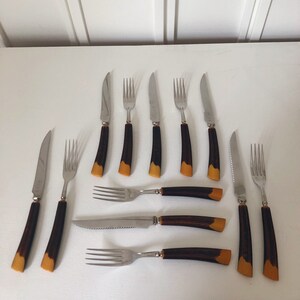 Vintage GLO-HILL of Canada Gold'n & Ebony 1950's Steakmates Knives With Gold  and Black Bakelite Handles Set of 6 