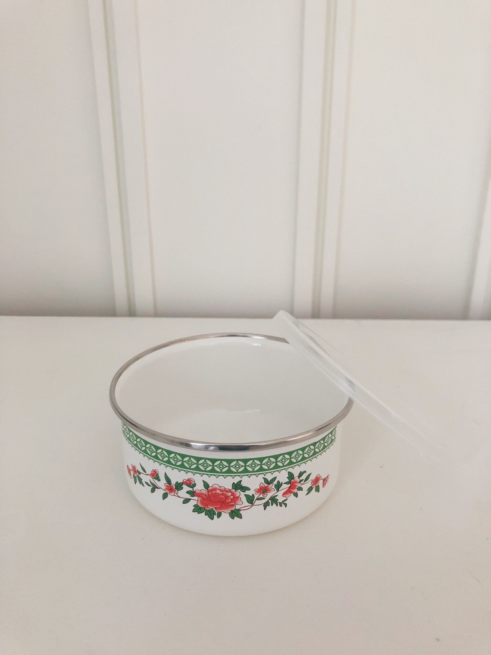 Small Enamel Floral Bowl With Lid Etsy