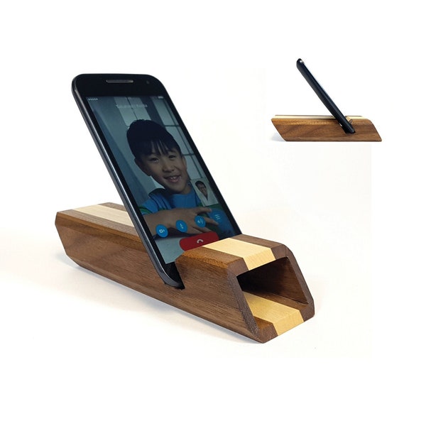 Support pour téléphone + amplificateur | CHESTER 33 - Système d'enceintes et station d'accueil en bois de noyer et d'érable - Cadeau de pendaison de crémaillère - Smartphones et tablettes