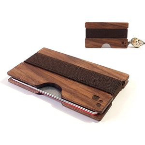 Portefeuille fin et moderne en bois | CARRALL S - Noyer noir - Bande extensible - Transportez vos cartes de débit, d'identité et de crédit - Cadeau pour un anniversaire ou plusieurs anniversaires