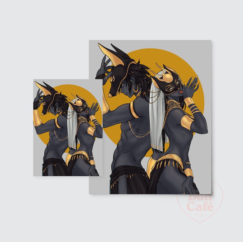 May include: Two figures with black fur and golden accents, wearing masks and elaborate costumes, pose against a yellow and grey background. The figures are in a stylized, almost cartoonish style.