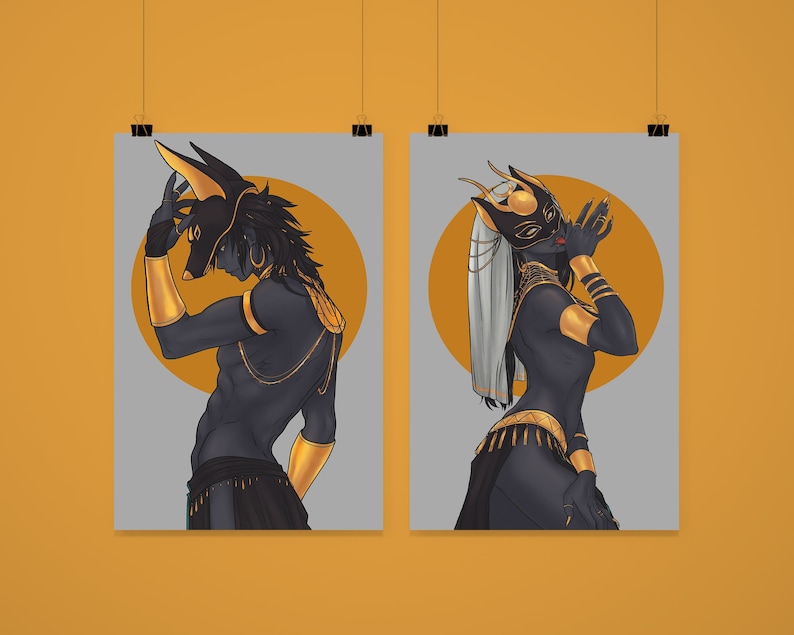 Art print of Egyptian Gods Anubis and Bastet on Gray Background