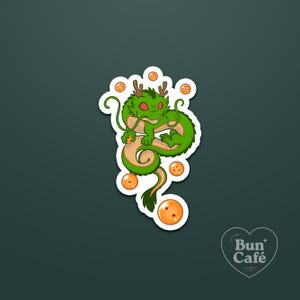 May include: A die-cut sticker featuring a green serpentine dragon with red eyes and brown horns, surrounded by seven orange spheres with varying numbers of red stars. The design is rendered in a cartoon style with a white border outline.