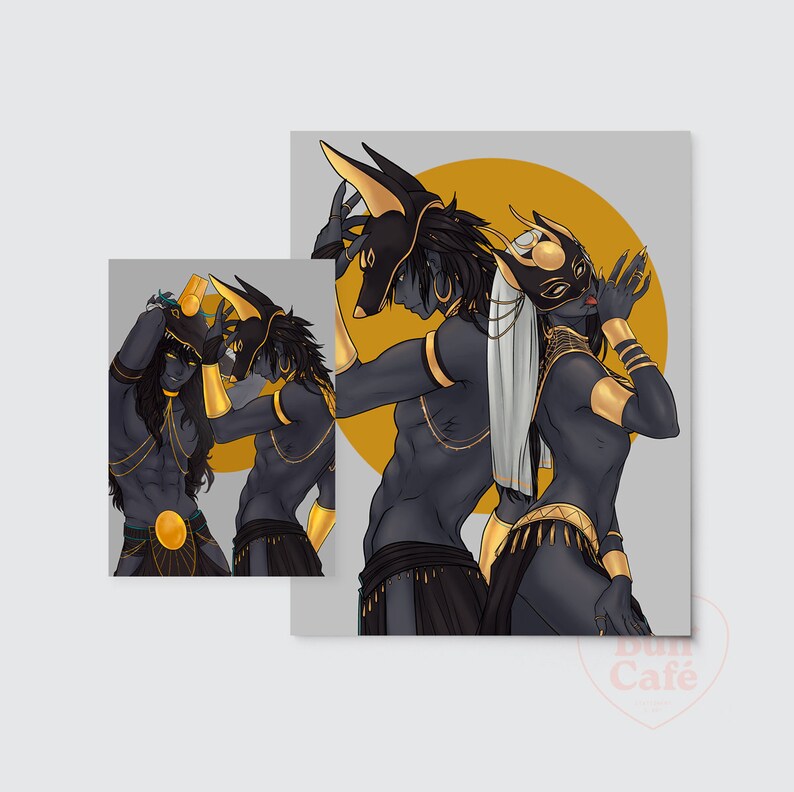 May include: Two figures with black fur and gold accents stand against a yellow sun. One figure wears a mask and holds a hand to their mouth. The other figure wears a headdress with a pointed ear. Both figures have gold jewelry and clothing.