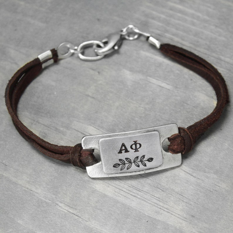 Pewter Bracelet Sorority Gift, Alpha Phi Leather Bracelet Sorority Jewelry Hand Stamped Bracelet Sorority Bracelet