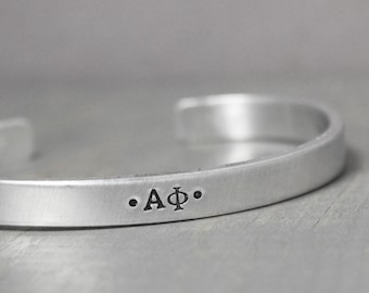 Alpha Phi Cuff, Sorority Cuff, Custom Sorority Jewelry, Hand Stamped Jewelry, Hand Stamped Cuff, Sorority Bracelet,