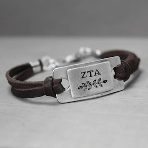 Zeta Tau Alpha Leather Bracelet, Sorority Jewelry, Pewter Bracelet, Sorority Bracelet, Hand Stamped Bracelet, Sorority Gift,