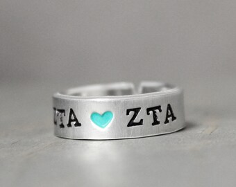 Zeta Tau Alpha Ring, Heart Ring, Sorority Ring,  Custom Sorority Jewelry, Hand Stamped Jewelry, Sorority Gift, Sorority Sister,
