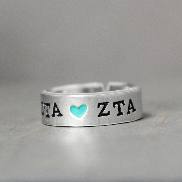 Zeta Tau Alpha Ring, Heart Ring, Sorority Ring,  Custom Sorority Jewelry, Hand Stamped Jewelry, Sorority Gift, Sorority Sister,