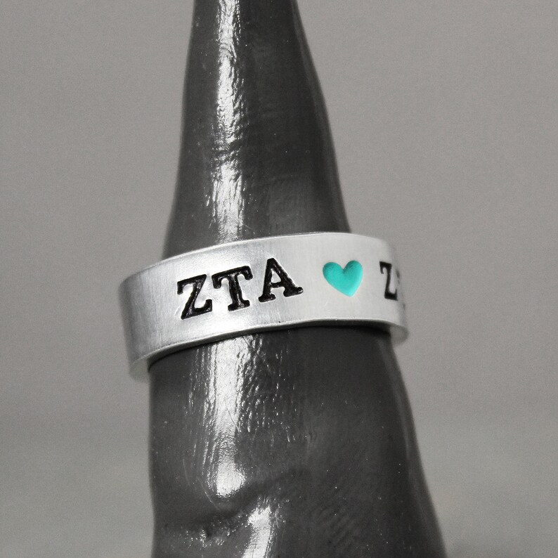 Custom Sorority Jewelry Sorority Gift Sorority Ring Sorority Sister, Hand Stamped Jewelry Heart Ring Zeta Tau Alpha Ring