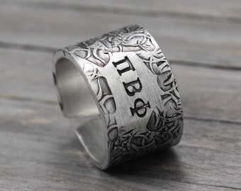 Pi Beta Phi Ring, Sorority Ring, Floral Texture Ring, Custom Sorority Jewelry, Hand Stamped Jewelry, Sorority Gift,