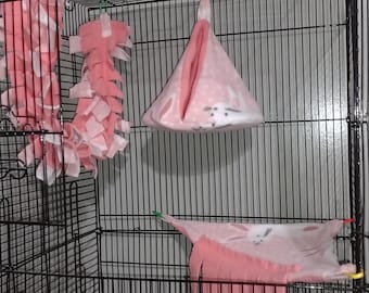 Sugar Glider Cage Set w/ tent sleep pouch, bunny print, perfect for any small species: sugar gliders, bird, marmoset monkey, squirrel, rat