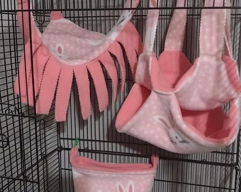 Sugar Glider Cage Set, pouch, hammock, rope, bunny print, perfect for any small species: sugar gliders, bird, marmoset monkey, squirrel, rat
