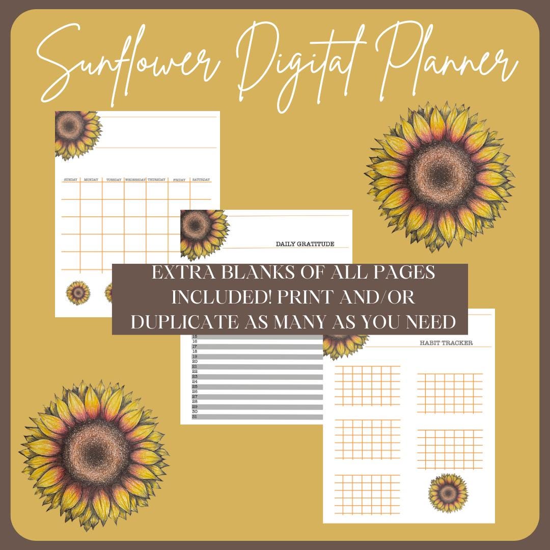Sunflower Planner Digital Printable With Habit Tracker, Book List ...