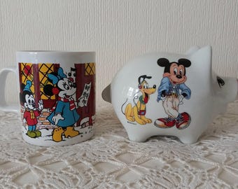 Mickey Mouse Piggy Bank and Mug. 1980's Disney Mug and Coin Bank. Kiln Craft Disney Mug. Reutter Porzellan Piggy Bank. Mickey and Minnie.