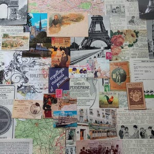 May include: A collage of vintage French ephemera featuring maps of Paris, black and white photographs of the Eiffel Tower and Arc de Triomphe, Moulin Rouge posters, floral illustrations, postage stamps, and various antique advertisements and text.